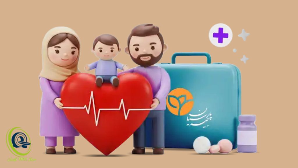 تصویری انیمیشنی از یک زن و مرد و بچه با چمدانی که روی آن لوگوی بیمه تکمیلی پارسیان وجود دارد  